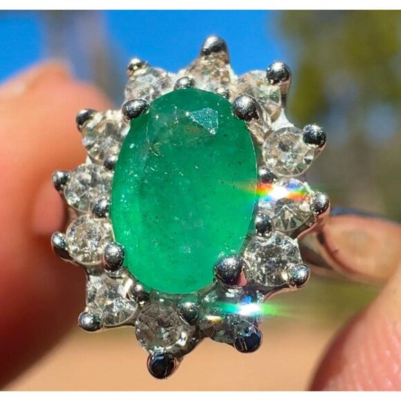 Vintage Emerald Diamond Ring 10k White Gold - Size 4 - 0.52ct Emerald - Picture 1 of 10